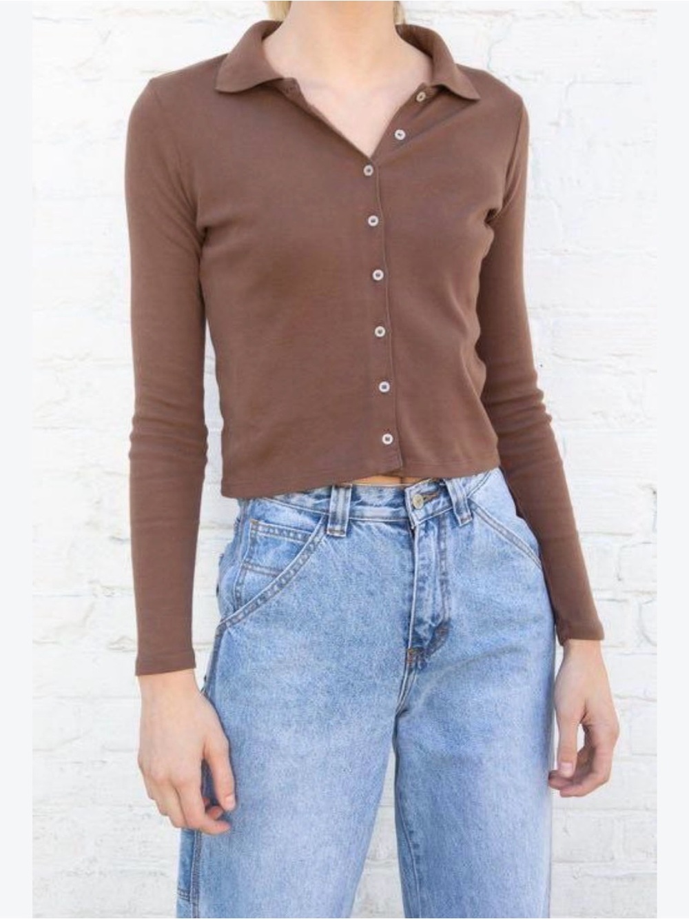 Brandy Melville Brown Long-Sleeve Button Polo Top - Women's